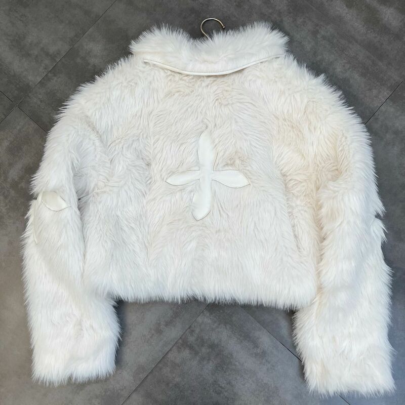 Casaco de pele curta para mulheres, jaqueta de algodão, lapela, manga comprida, patch cross, preto, inverno, 2024