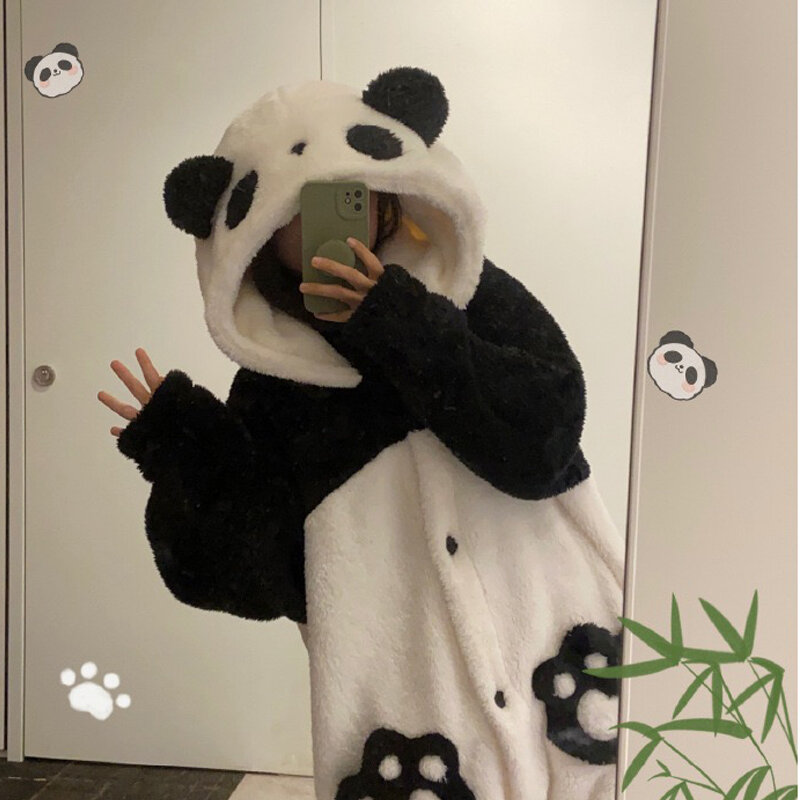 Piyama wanita Panda Onesies hangat lembut gaun malam baju tidur Cosplay hewan Kawaii setelan flanel musim dingin pakaian rumah pakaian wanita