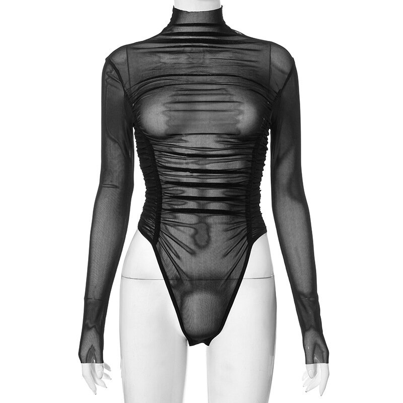Sexy Mesh See Through Ruched Bodysuit Lingerie 2023 Autumn Soild Color Long Sleeve High Collar Tops Party Nightclub Streetwear