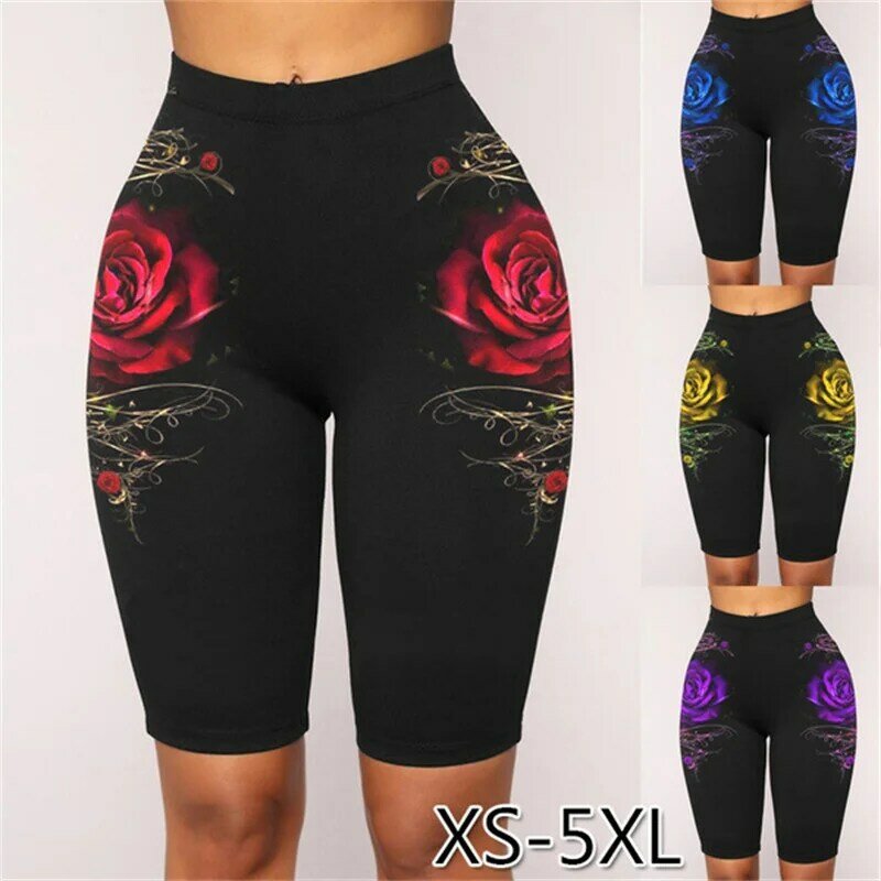 2023 Summer Women Clothes XS-5XL Fashion Casual Rose Printed Leggings Shorts High Elastic Waist Sports Yoga Pants Plus Size