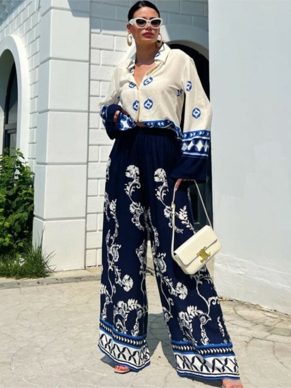 2024 Spring Print Long Pants Sets Women Fashion Casual Loose Long Sleeve Shirts Wide Leg Trousers Two Piece Set Female Clothing
