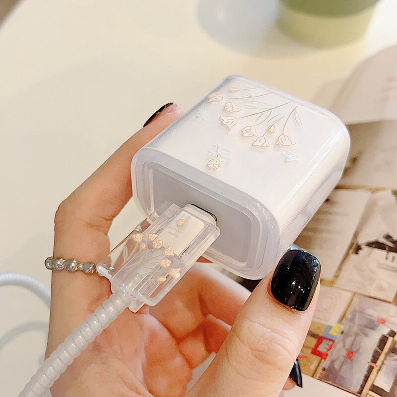 Coque de chargeur en silicone souple fleur de dessin animé pour iPhone, housse de protection pour tête de chargeur Apple, manchon de protection pour câble, 15, 14, 13, 18 W, 20W