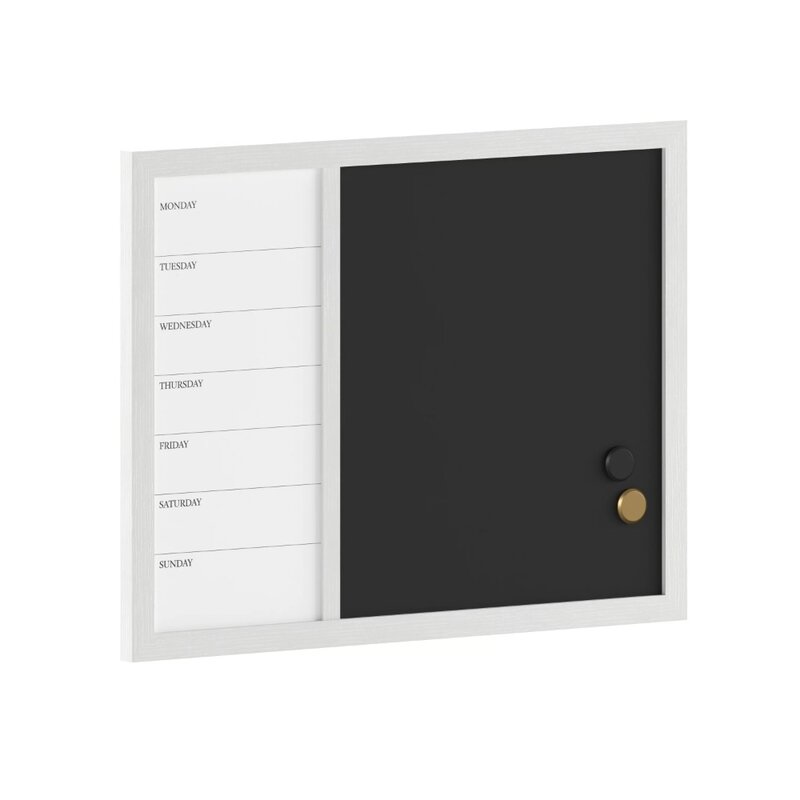24"x18" Magnetic Weekly Calendar Dry Erase Board and Chalk Board with Liquid Chalk Marker and Magnets, White Woodgrain Frame
