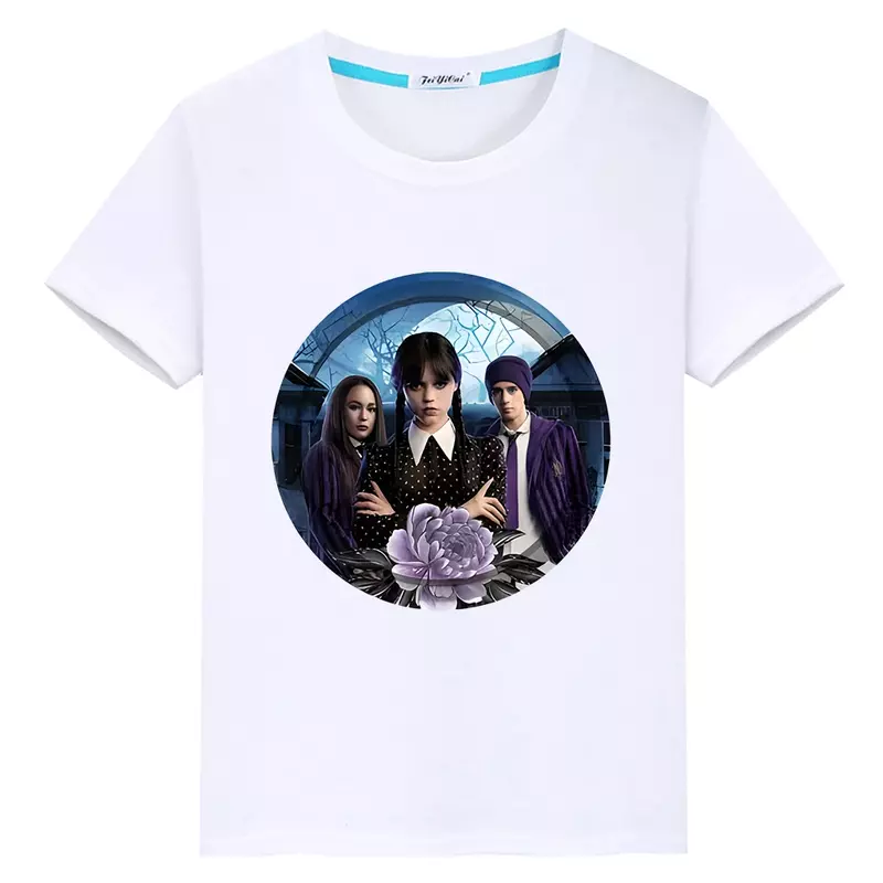 Addams Family 귀여운 애니메이션 프린트 티셔츠, 100% 코튼 캐주얼 짧은 상의, y2k 원피스, 소년 소녀 여름 아동복