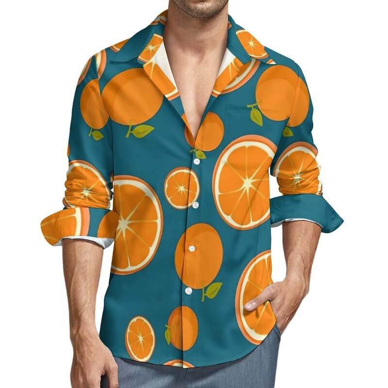 남성용 오렌지 셔츠, 과일 프린트 캐주얼 셔츠, 심미적 그래픽 블라우스, 긴팔, 루즈한 오버사이즈 탑 선물 아이디어, 가을