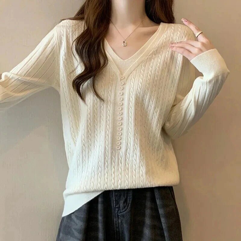 Women Fake Two Pieces Knitting Pullover Sweater  Spring Autumn Long Sleeve Ladies Bottoming Tops Temperament V-Neck Femme Jumper