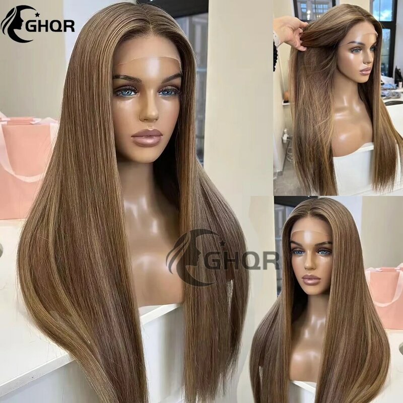 Peluca de cabello humano con encaje Frontal, pelo largo y liso, color marrón ceniza, Blone, virgen, cutícula brasileña, encaje suizo