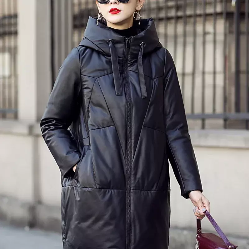 Tcyek 정품 가죽 재킷, 긴 양가죽, 겨울 재킷, 여성 의류, 럭셔리 후드 블랙, 두꺼운 웜 다운 재킷