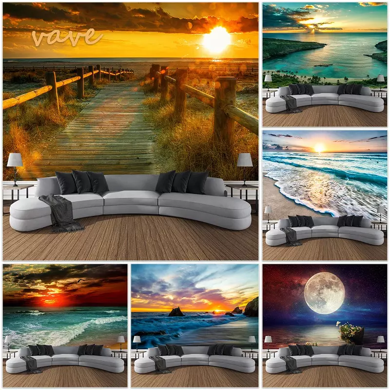 Tapiz de paisaje de playa y puesta de sol para colgar en la pared, tapiz grande de tela con estampado bohemio, decoración para dormitorio Interior
