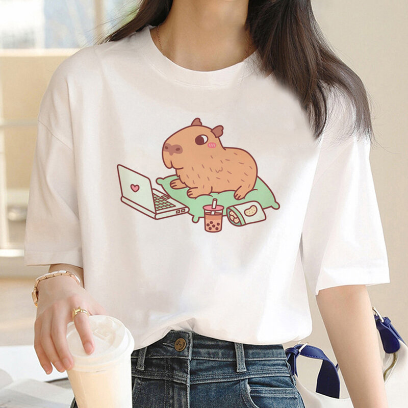 تي شيرت نسائي Capybara ملابس كاواي مضحكة للبنات تي شيرت Harajuku صيفي أنيق تي شيرت أبيض قصير الأكمام تي شيرت نسائي