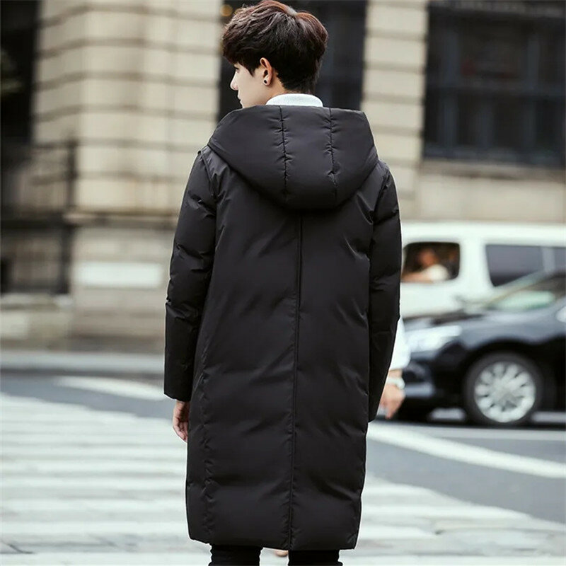Płaszcz zimowy odzież męska jednolity kolor z kapturem średniej długości wąska kurtka kieszeń na suwak wyściółka mody A023
