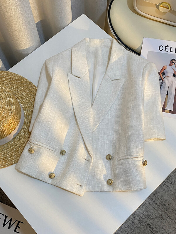 여성용 캐주얼 단색 더블 브레스트 포켓 장식 짧은 재킷, 용수철 및 여름