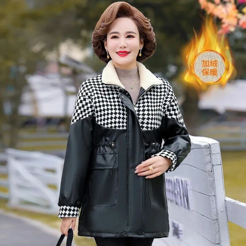 Новая зимняя теплая куртка Mom из искусственной кожи на хлопковом наполнителе с бархатной подкладкой, Женское пальто, свободное кожаное пальто с прострочкой