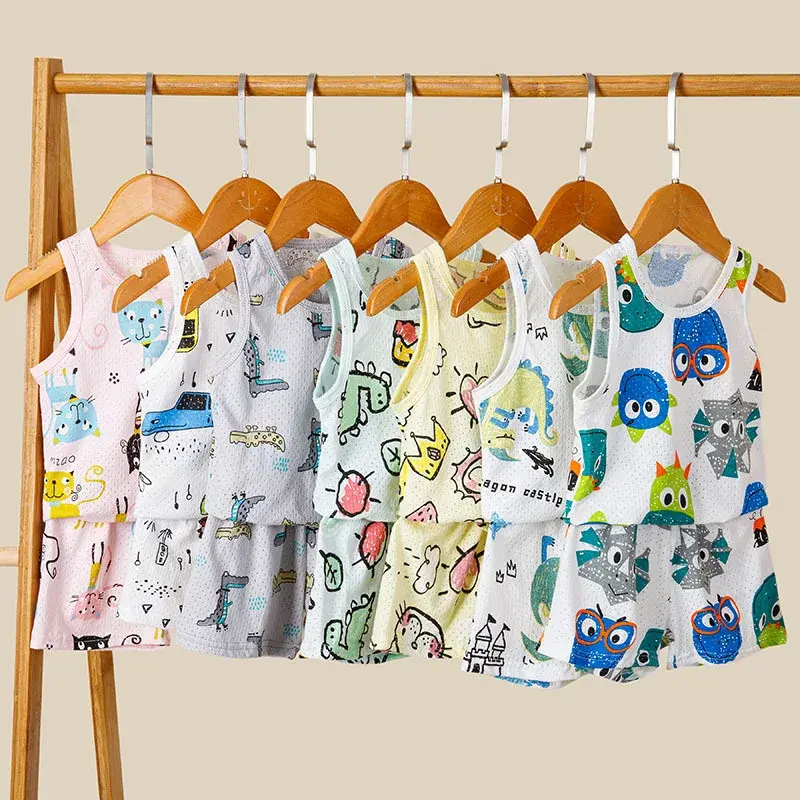 Conjuntos de Pijamas de algodón para bebés, ropa de dormir para niños, traje de verano para niñas, pijama de gato de dibujos animados, camiseta + Pantalones, 2 piezas
