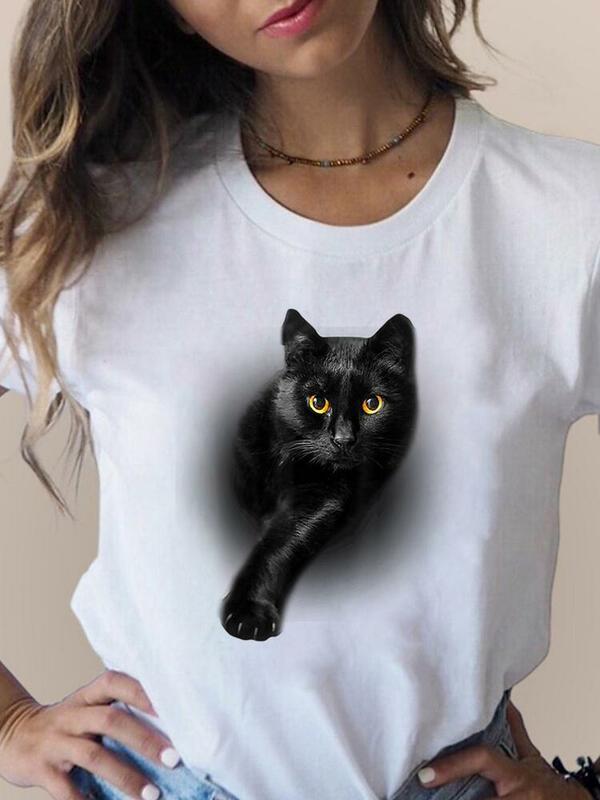 Camiseta com cat de gato 3d, roupa fofa, manga curta, moderna, adorável, tendência para mulheres, verão
