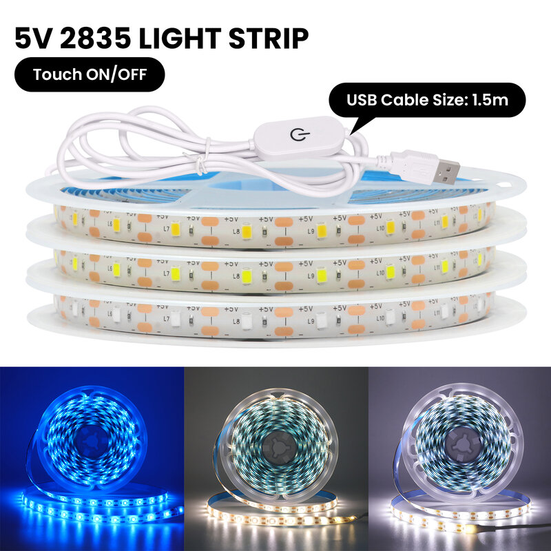 Impermeável USB LED Strip Lights, Fita Regulável Flexível, Gabinete de Cozinha Luz, Quente Branco Azul, SMD 2835, 60LEDs por m, 5V