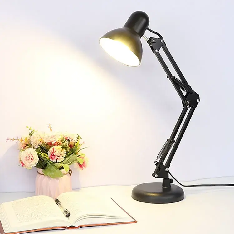 โคมไฟโต๊ะเขียนหนังสือ LED แขนยาวสไตล์อเมริกัน pelindung Mata การทำงานไฟเสริมสำหรับถ่ายทอดสดแบบยืดหดได้ปลั๊กอิน