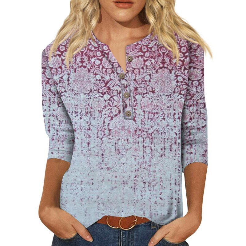 Estetyczna odzież codzienna na co dzień kwiatowy Print damska bluzka 2024 guzik z dekoltem w kształcie litery V letnie 3/4 rękawy damskie bluzki luksusowe koszulki