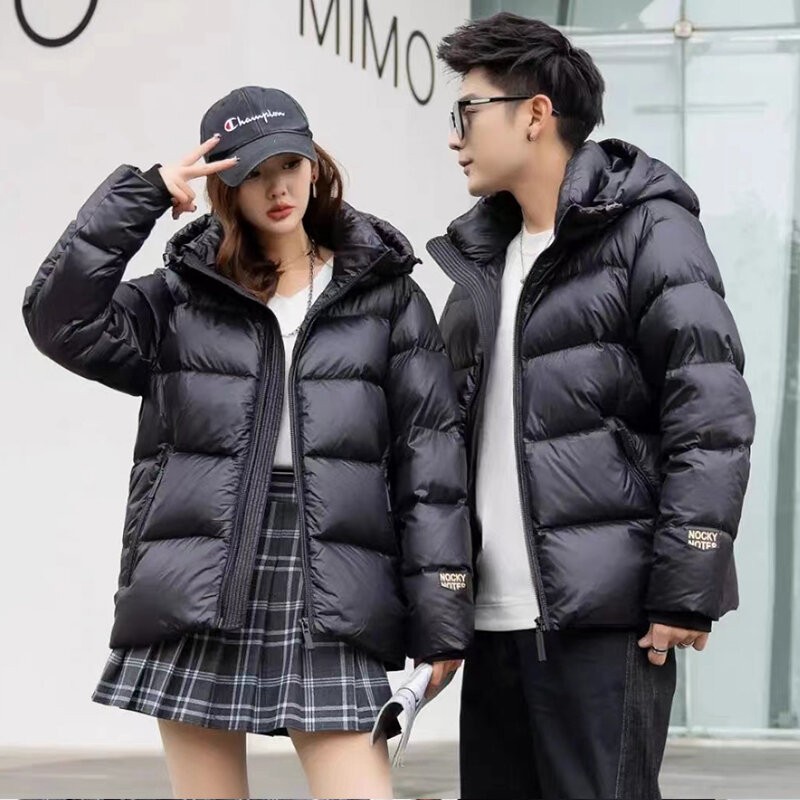 Jaket Down wanita, jaket Parka berkerudung pendek tebal Korea hangat musim dingin 2023
