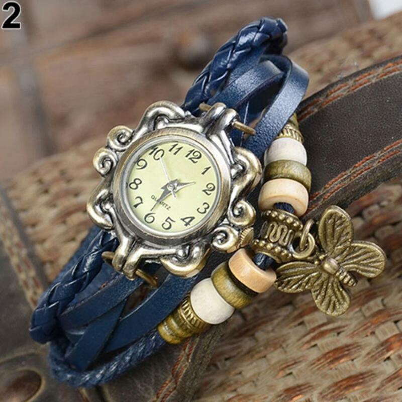 쿼츠 손목 시계 여성용, 빈티지 다층 나비 인조 가죽 직조 팔찌 여성용 손목 시계