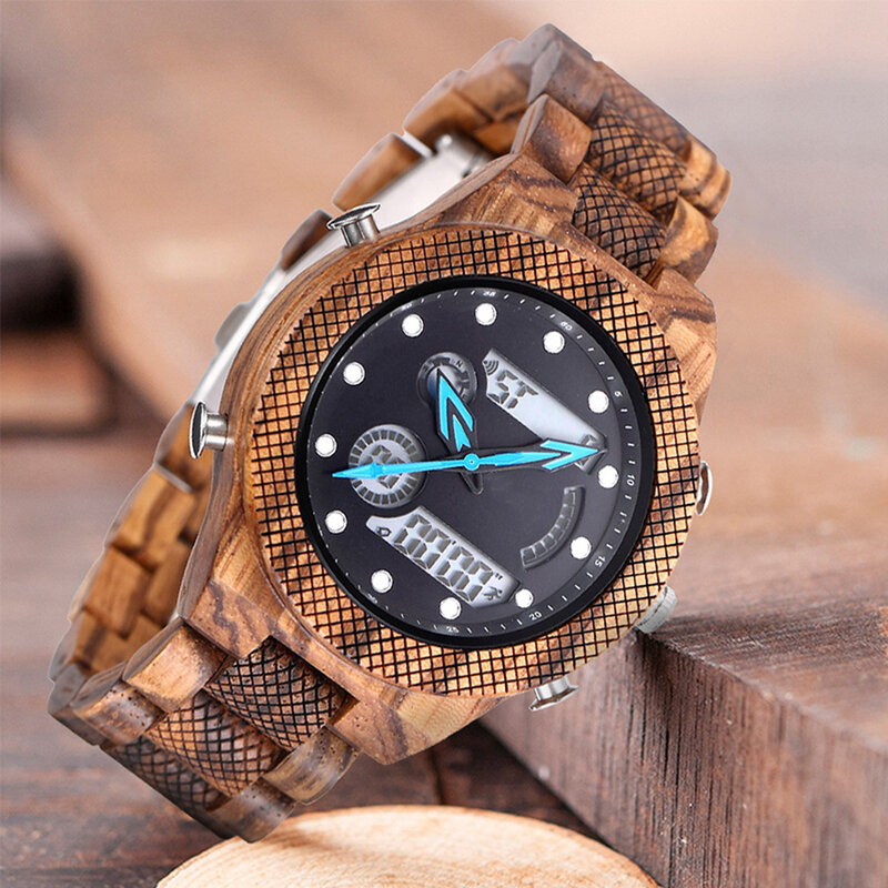 FANDAO-Relógio de madeira masculino, relógios de luxo, relógios esportivos, quartzo digital LED, bracelete militar