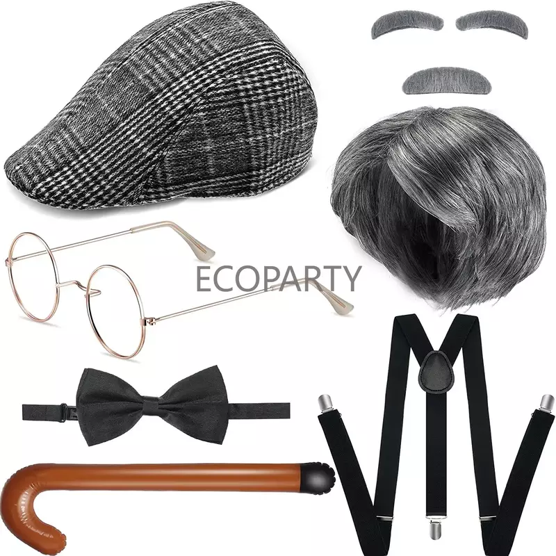 Old Man Costume Grandpa Costume Accessories Set for 100th Day of School Kids Adults 1920s Mens Costume with Newsboy Hat Ecoarty