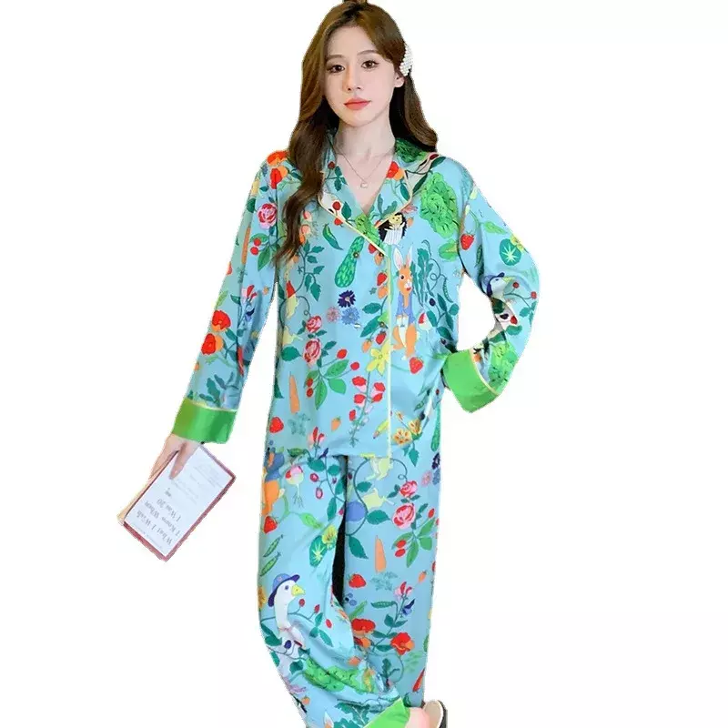 女性用長袖パジャマ,アイスシルク,ファッショナブルで快適な家庭用スーツ,ハイエンド,新しい春と夏