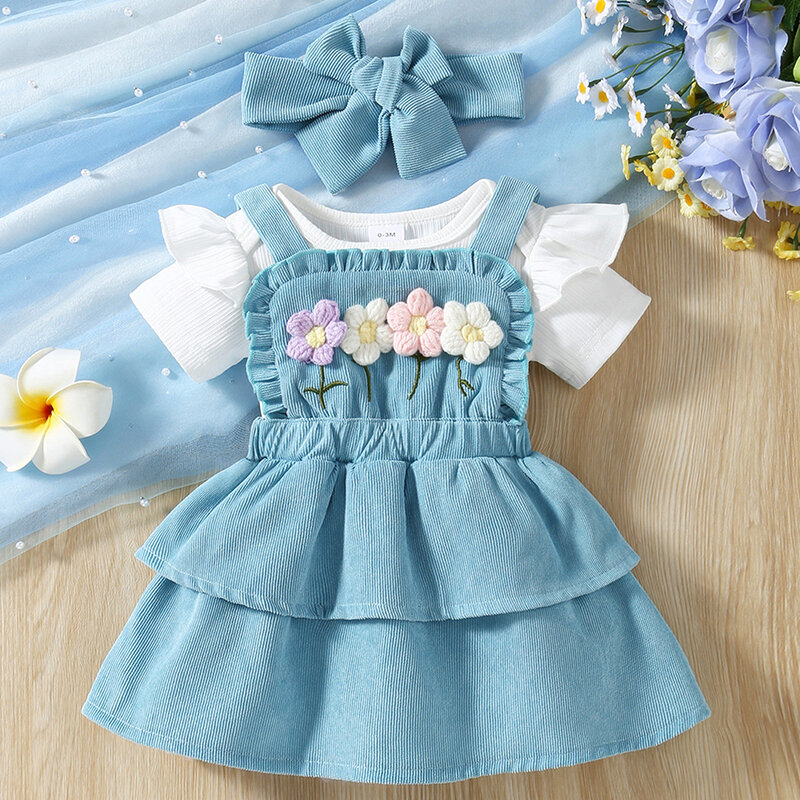 Blotona Baby Girls Summer Outfit Short Sleeves Romper and Crochet Flowers Suspender Skirt Headband 3 Piece Clothes Set 0-18M