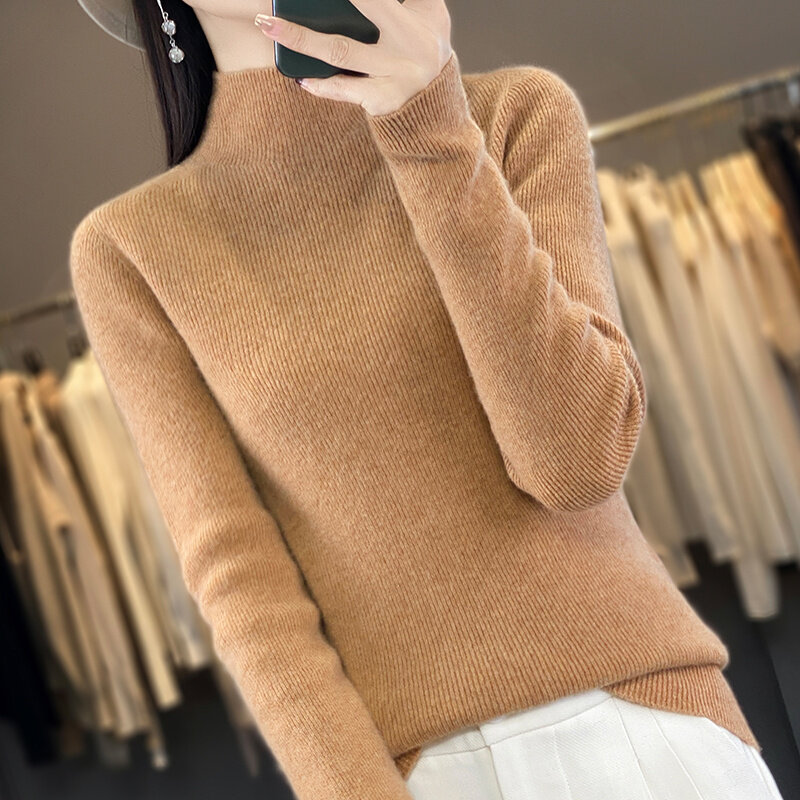 Suéter de lã merino feminino, mangas compridas, gola de meia altura, pulôver justo, tops femininos sexy, 100% merino