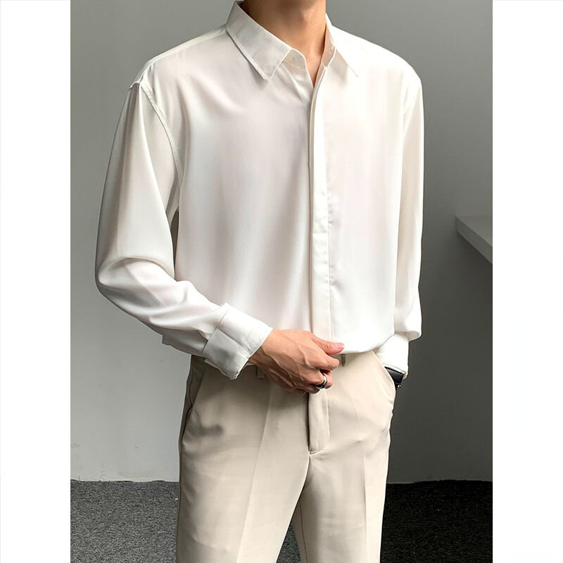 Camisa de seda gelo coreana manga longa masculina, botões escondidos, camisa casual, cortina, roupa de alta qualidade, cor sólida, negócio, coreano