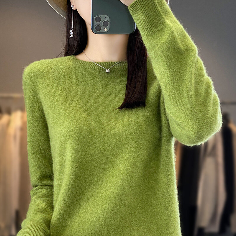 Zimowy kaszmirowy sweter damski pulower z okrągłym dekoltem z długimi rękawami 100% wełniany luźny dzianinowy wydłużony sweter bez szwu koreański version 2023