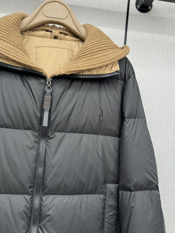 Jaqueta longa e solta com chapéu de malha, design de emenda, quente e aconchegante, novo, inverno, 1118, 2023