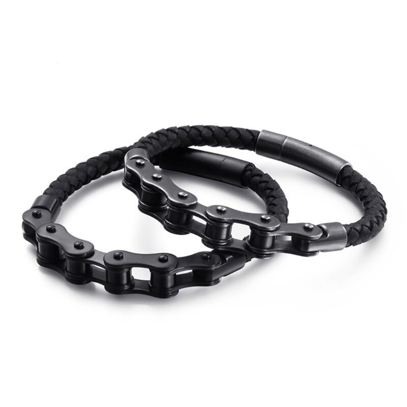 Braccialetto a catena meccanica per biciclette bracciale in pelle intrecciata a mano nera bracciale a polsino a strato singolo regalo di gioielli per uomo