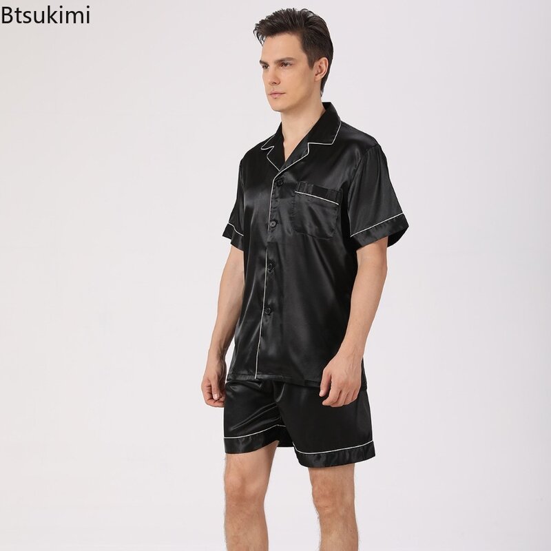 Men's Pajama Sets Luxury Satin Ice Silk Nightwear Casual Home Clothing Summer Fashion Men Short Sleeve and Shorts Sleepwear Suit