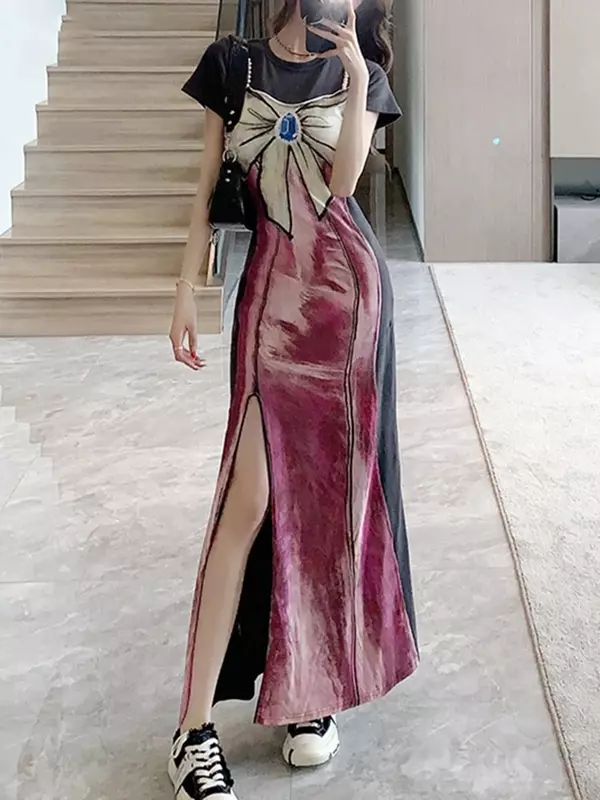 Vestido feminino falso de 2 peças, manga curta, gola redonda dividida, versão coreana, moda retrô, estampa de arco doce, ajuste fino
