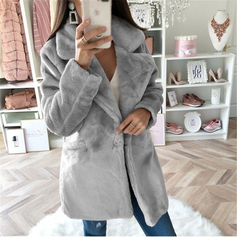 Women Faux Fur Coat Mid length version solid color loose outwear 2023 winter new woolen overcoat thicken warm casual parkas