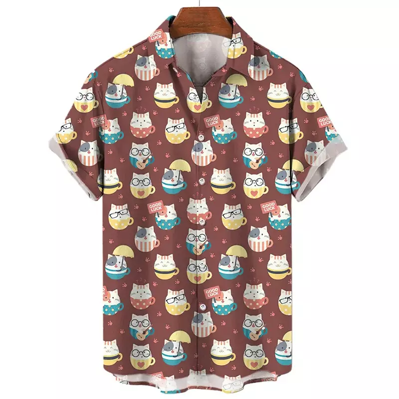 T-shirt hawaïen à manches courtes pour hommes, imprimé graphique de chat d'anime, chemise unisexe Harajuku, chien de dessin animé, été