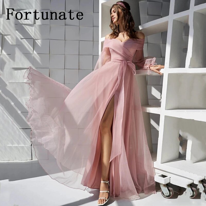 Vestido de noche elegante de tul de línea A, sin mangas, con abertura lateral y hombros descubiertos, Sexy, color rosa polvoriento