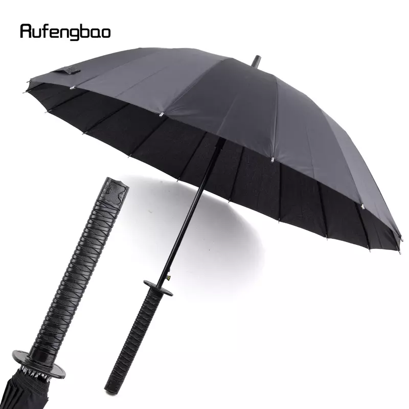 Schwarzer Samurai automatischer wind dichter Regenschirm, Holzgriff 16 Knochen langer Griff vergrößerter Regenschirm an sonnigen und regnerischen Tagen 90cm
