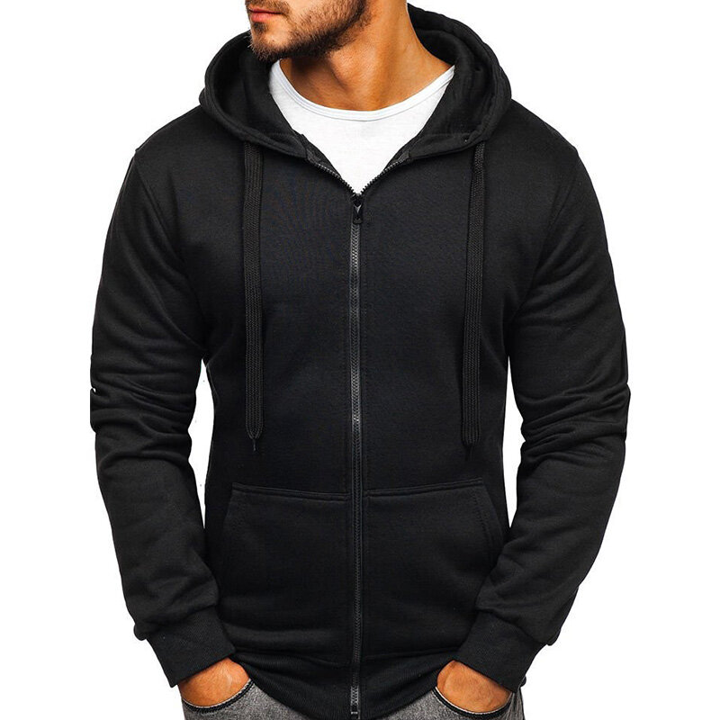 Mantel Hoodie Musim Dingin Mode untuk Pria Jaket Warna Solid Pakaian Luar Sweter Ritsleting Dasar Mantel Hangat Bertudung Keringat Jaket Pria Kasual