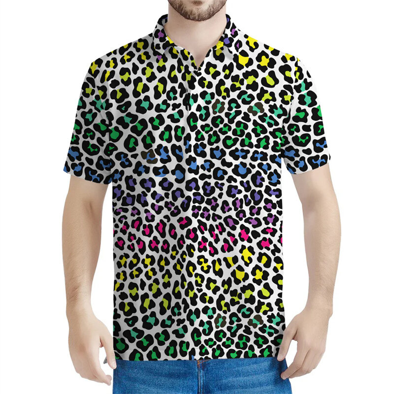 Wielokolorowa koszulka polo w panterkę dla mężczyzn i kobiet z nadrukiem 3D z krótkim rękawem Letnia koszulka uliczna Ponadgabarytowe koszulki z klapami