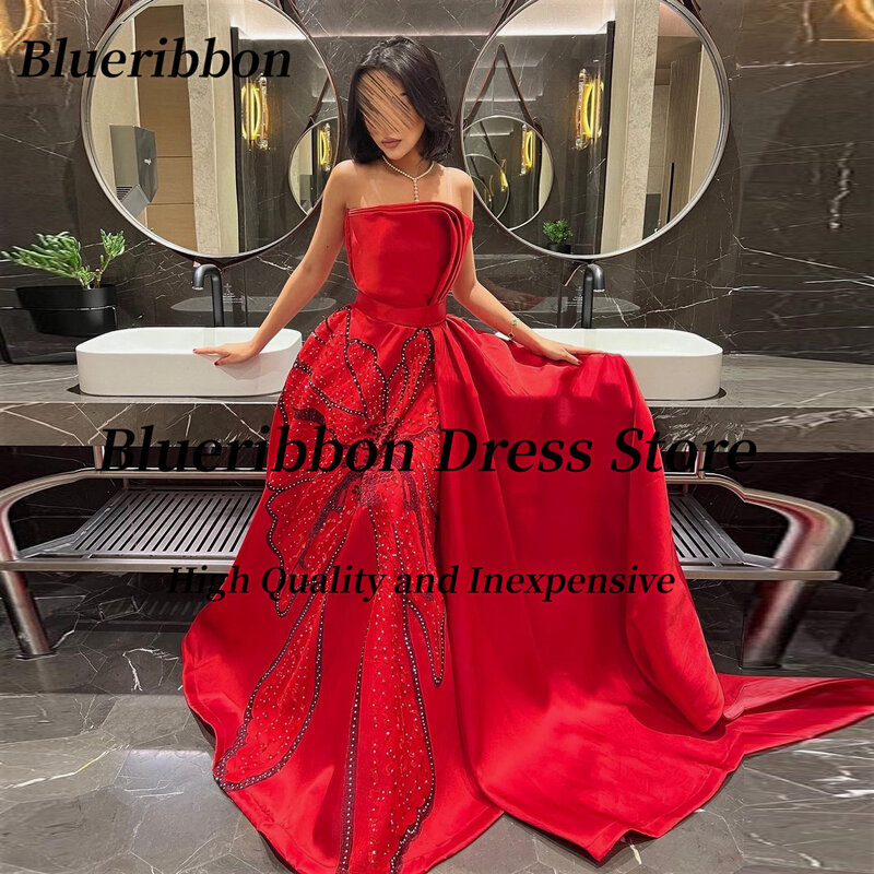 Blueribbon-Vestido de noite vermelho cetim feminino, vestidos de baile, frisado artesanal, longo, elegante, festa de aniversário, moda feminina, vestido sem alças