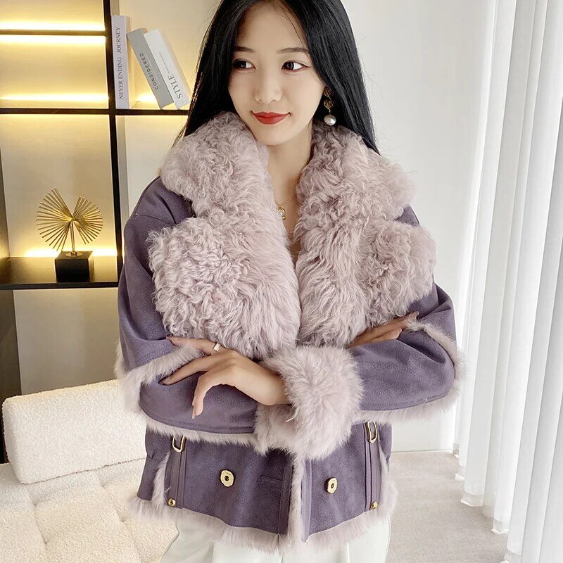 여성용 토끼 모피 재킷, 일체형 램 플러시 칼라, 짧고 두껍고 따뜻한 럭셔리 코트, 루즈 긴팔, 한국, 겨울 신상