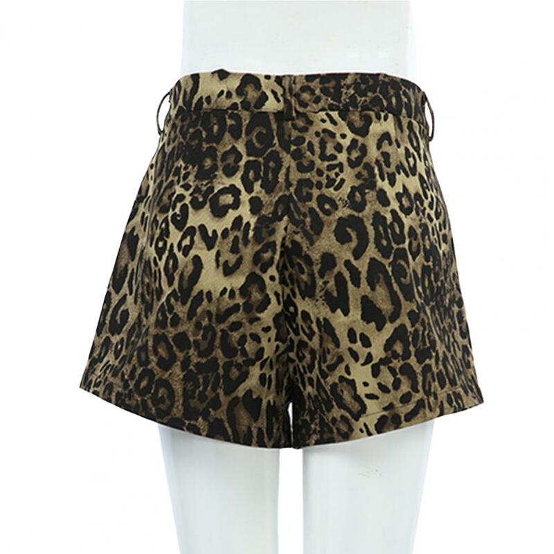 Shorts de cintura alta com estampa leopardo para mulheres, mini shorts slim fit com bolsos laterais, elegantes acima do joelho, verão
