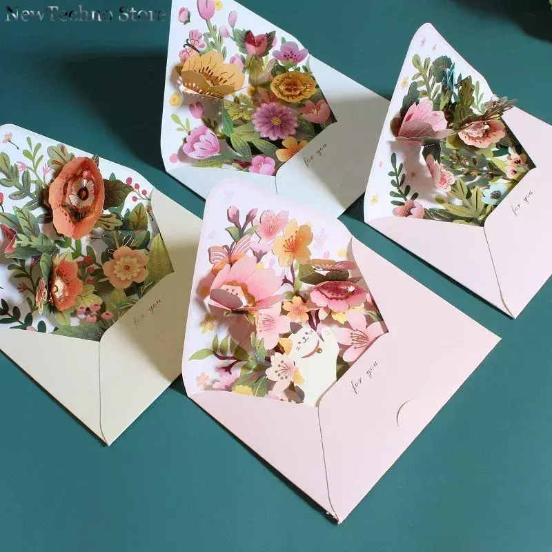 Nowy romantyczny kwiat kartka świąteczna urodzinowy 3D Pop-up kartki z życzeniami zestaw pocztówkowe dekoracja na przyjęcie ślubne kreatywne dziewczyny prezenty