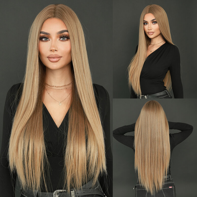 NAMM Long Straight Cold Blonde ﻿Wig For Women Mid Split Wig Daily Use Party High Density Synthetic Heat Resistant Synthetic Wigs