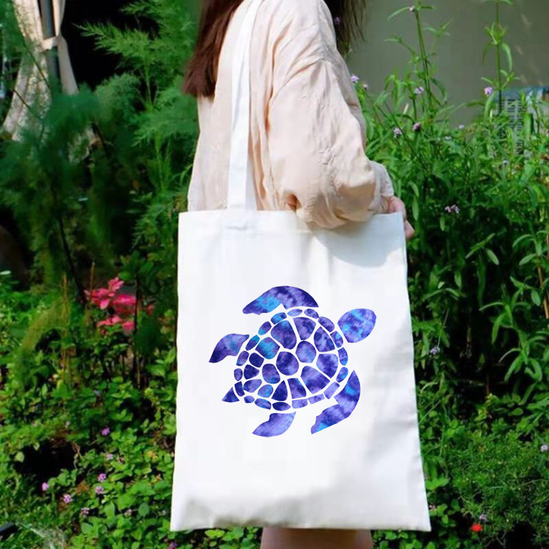 Sac fourre-tout en toile avec motif de tortue, sac de courses personnalisé, sac de Shopping tendance avec motif de dessin animé, mignon