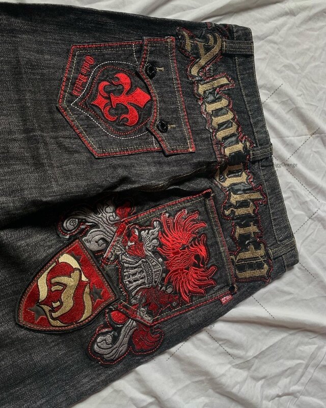 Calça jeans bordada de rua alta masculina, calça Y2K, rua alta americana, monograma de patchwork, moda Harajuku, perna larga