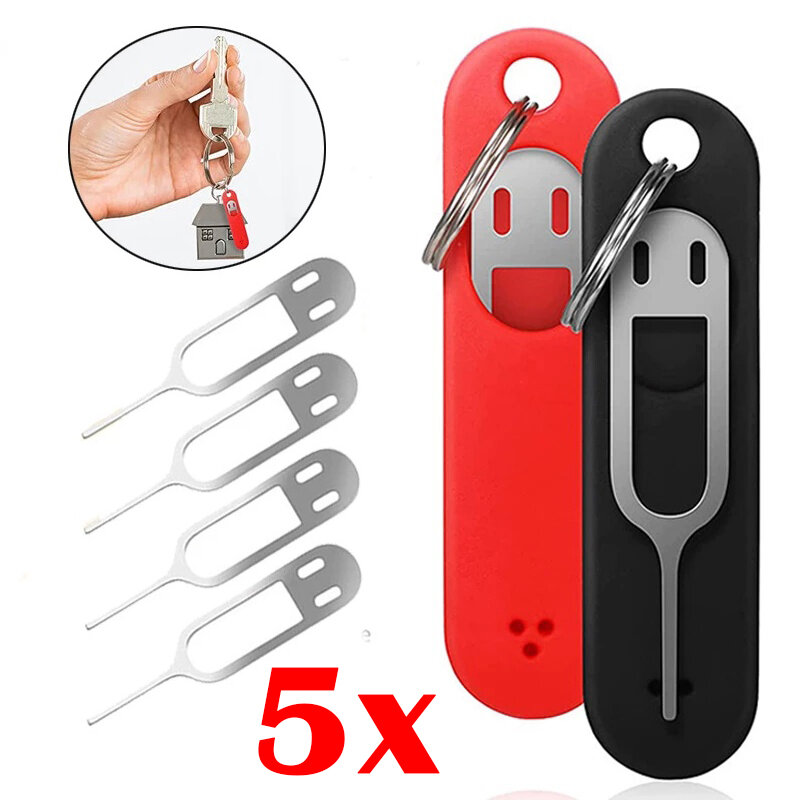 5pcs Anti-Lost Sim Card Eject Pin Needle with Storage Case Universal Mobile Phone Steel Ejector Pin SIM Card Tray Opener Keyring