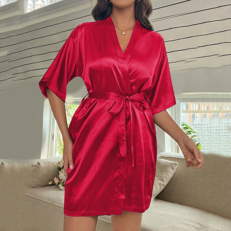 Robe de Nuit Courte en Satin pour Femme, Kimono Sexy, Couleur Unie, à la Mode, Nouvelle Collection